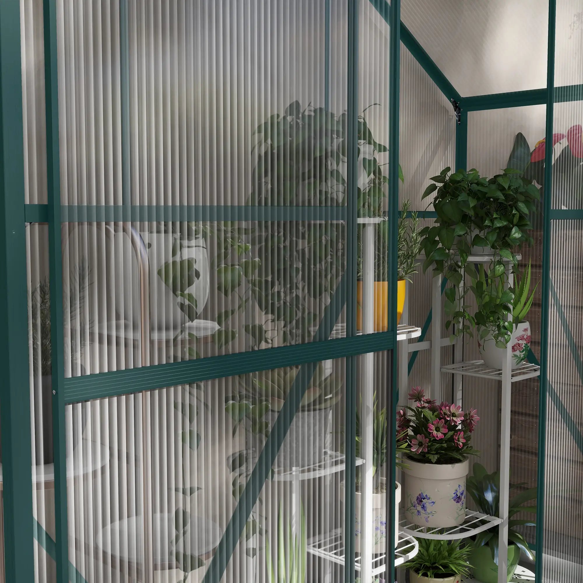 6ft x 2.5ft Green Polycarbonate Walk-In Greenhouse with Rain Gutter, Sliding Door, Window & Foundation
