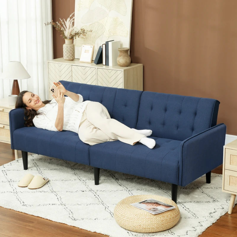 Dark Blue Three-Seater Sofa Bed with Cupholders for Comfort and Style in Your Living Room
