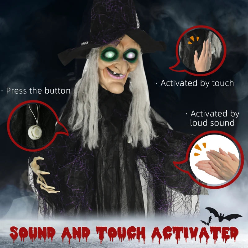 6ft Life Size Outdoor Halloween Witch Decoration - Motion Activated, Light Up Eyes, Talking Sound, Posable Arms, Spooky Prop