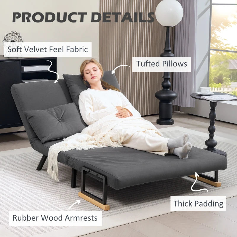 Luxurious Velvet-Feel Double Sofa Bed with Pillows in Dark Grey - Versatile 4-in-1 Design