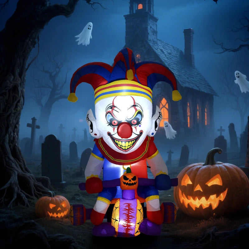 4ft Halloween Inflatable Clown on Bicycle - LED Lighted Outdoor Decoration for Garden & Party - Spooky Blow Up Decor