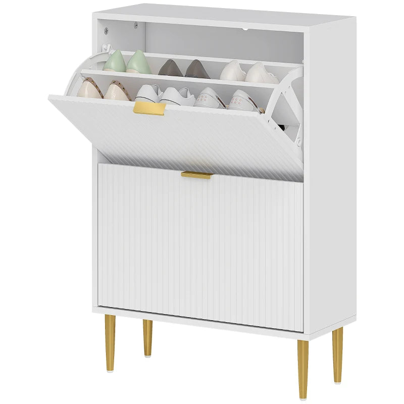 Narrow White Shoe Cabinet with 2 Flip Drawers for Space Saving Storage