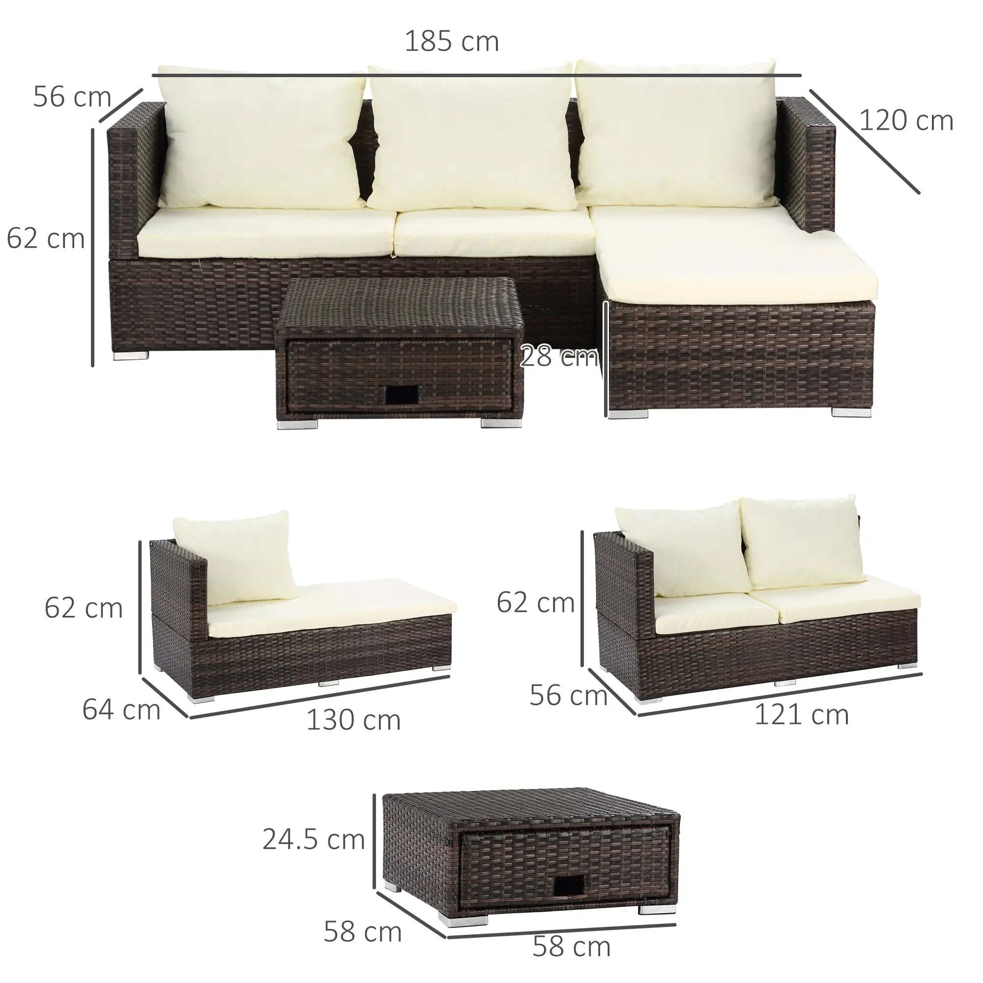 3 piece Rattan Furniture Set - 4 Seater Wicker Sofa With Cream Cushions and Footstall