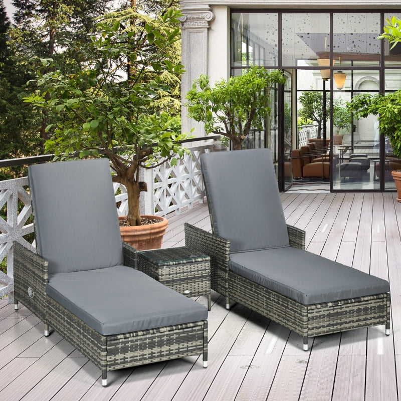 Grey Rattan Sun Lounger Set with Adjustable Backrest and Cushions