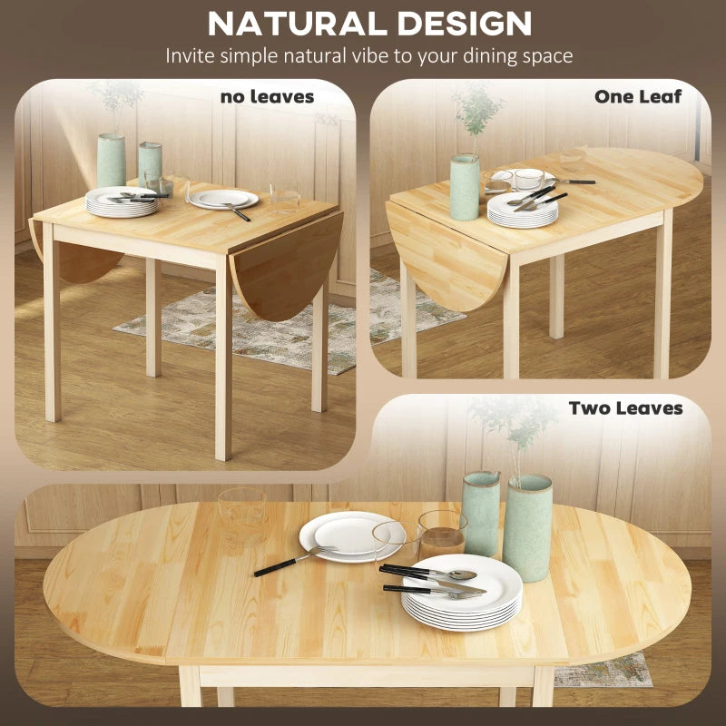 4-6 Person Wooden Drop-Leaf Dining Table - Natural Finish, Space-Saving Design for Small Homes & Apartments