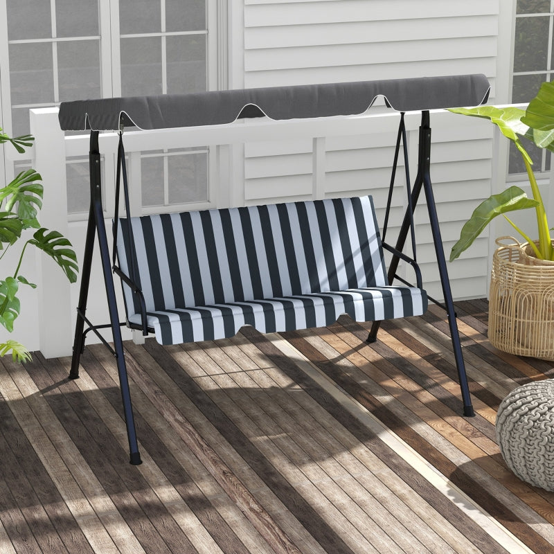 Grey Striped 3-Seater Garden Swing Hammock with Adjustable Canopy