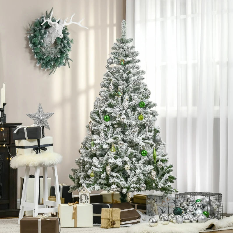 6 Ft Snow Flocked Artificial Christmas Tree - Realistic Pine with Auto Open & Steel Base - Festive Green Decor