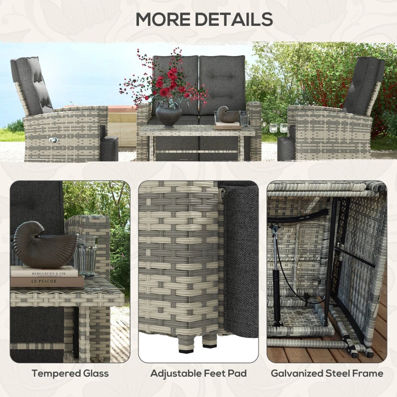 4-Piece Light Grey Rattan Outdoor Sofa Set with Glass Top Table