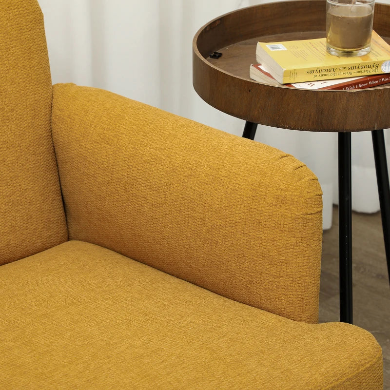 Velvet Feel Fabric 2-Seater Loveseat Sofa with Thick Padding and Wooden Legs in Yellow