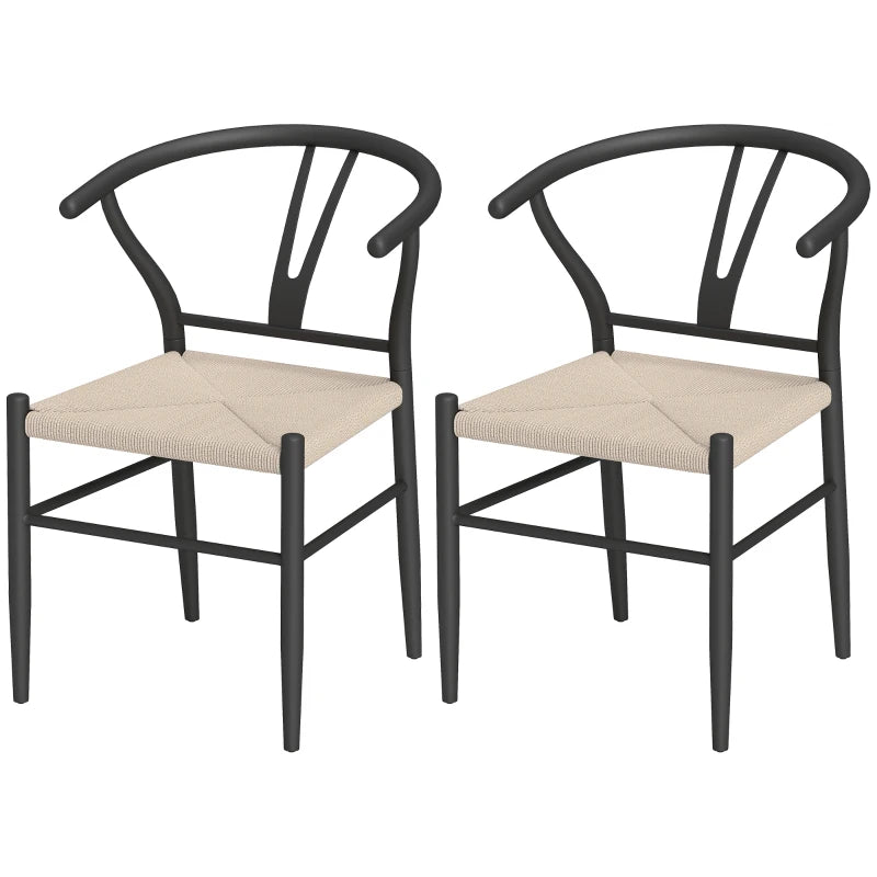 Set of 2 Modern Weave Dining Chairs with Y-Shaped Backrest and Hemp Seat - Black and Beige