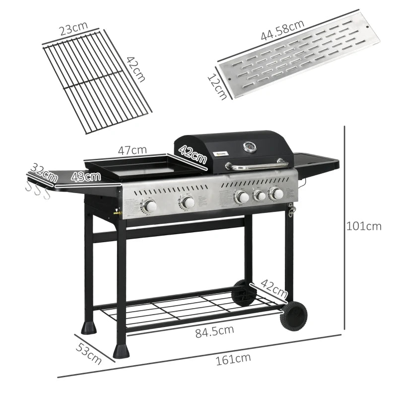 15kW Deluxe Gas BBQ with Grill, Plancha, Side Burner - Black