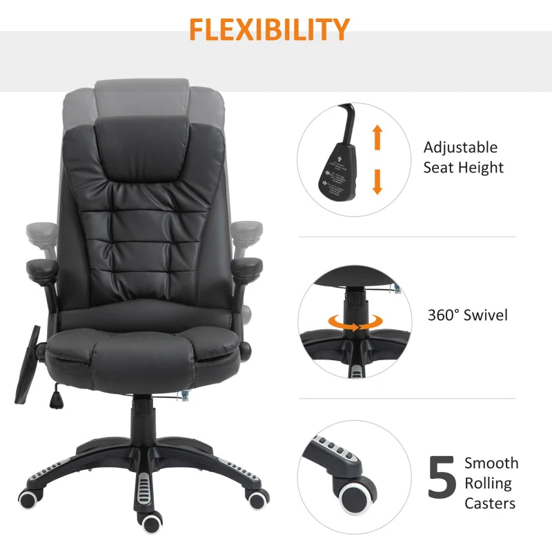 6-Point Heated Massage Office Chair - PU Leather High Back Executive Desk Chair with Adjustable Height & 360° Swivel - Black