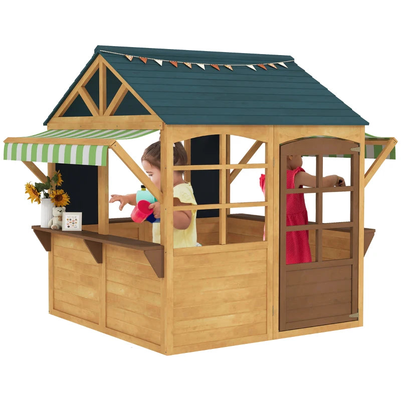 Wooden Playhouse for Kids with Foldable Design Windows Working Door and Service Stations