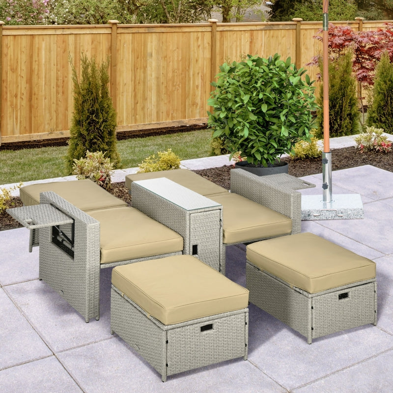 Beige 5PC Rattan Outdoor Sun Lounger Set with Storage Table
