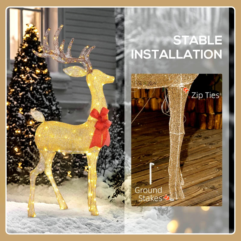 Lighted Reindeer Christmas Decoration - 137 LED Lights, Gold Tone, Indoor/Outdoor Holiday Decor for Garden & Lawn