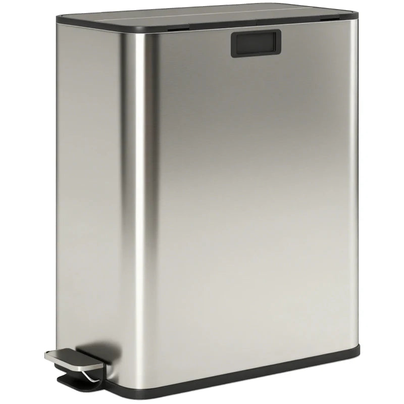 Dual Kitchen Bin with Soft-Close Butterfly Lid - 2x28L Stainless Steel Pedal Bin, Fingerprint-Proof for Recycling & Waste, Silver