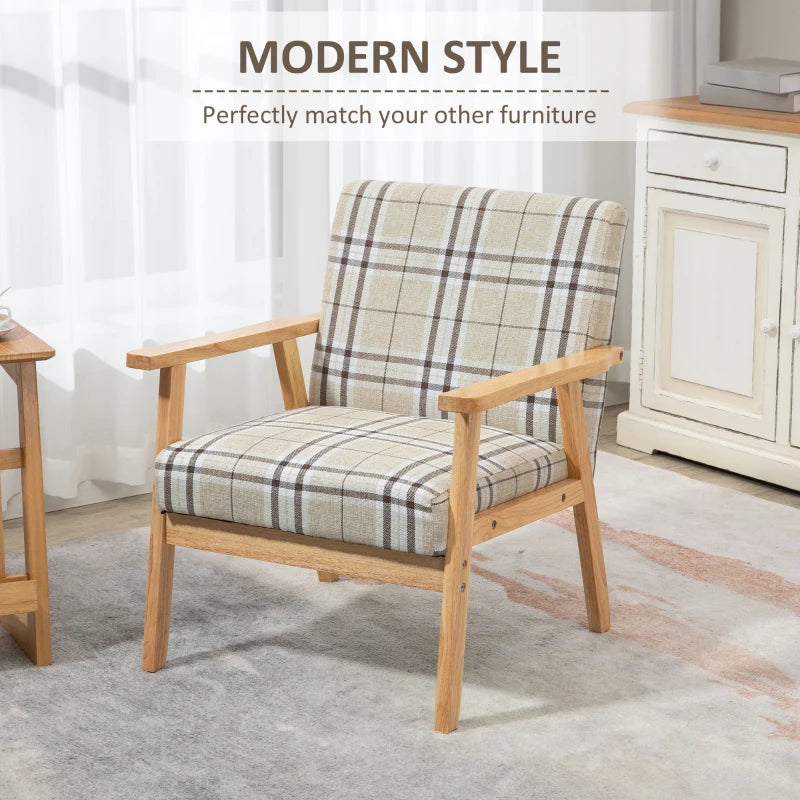 Modern One-Seater Sofa for Living Room, Linen Fabric Small Couch with Rubber Wood Frame and Armrests, Beige