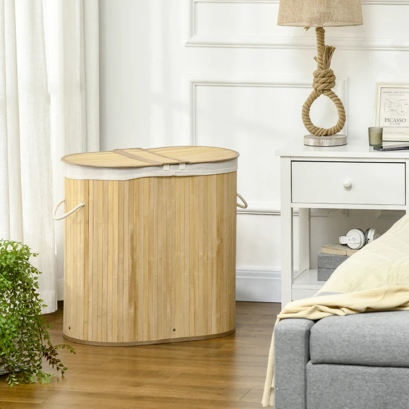 Natural Bamboo Laundry Basket with Lid - 100L Hamper, 2 Sections, Removable Washable Lining, 62.5x37x60.5cm