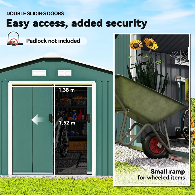 12.5ft x 11.1ft Large Green Metal Shed With Doors