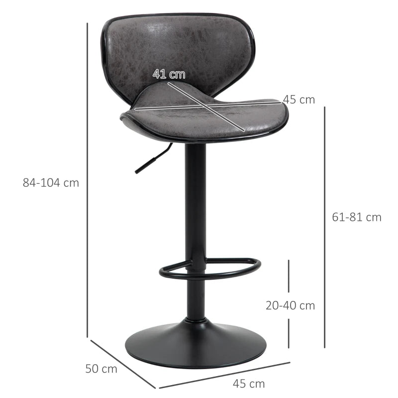 Set of 2 Adjustable Height Kitchen Stools - Leather Upholstered Dark Grey Bar Stools with Back (61-81cm)