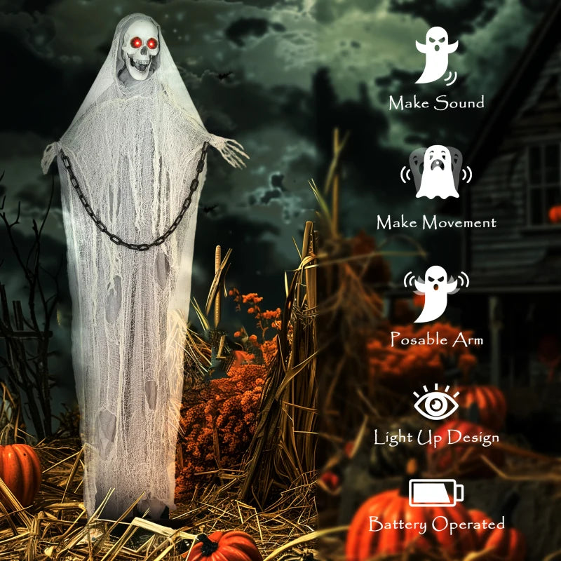 183 cm Life Size Animated Grim Reaper Skeleton with Glowing LED Eyes - Scary Halloween Decoration, Battery Operated Indoor Party Prop