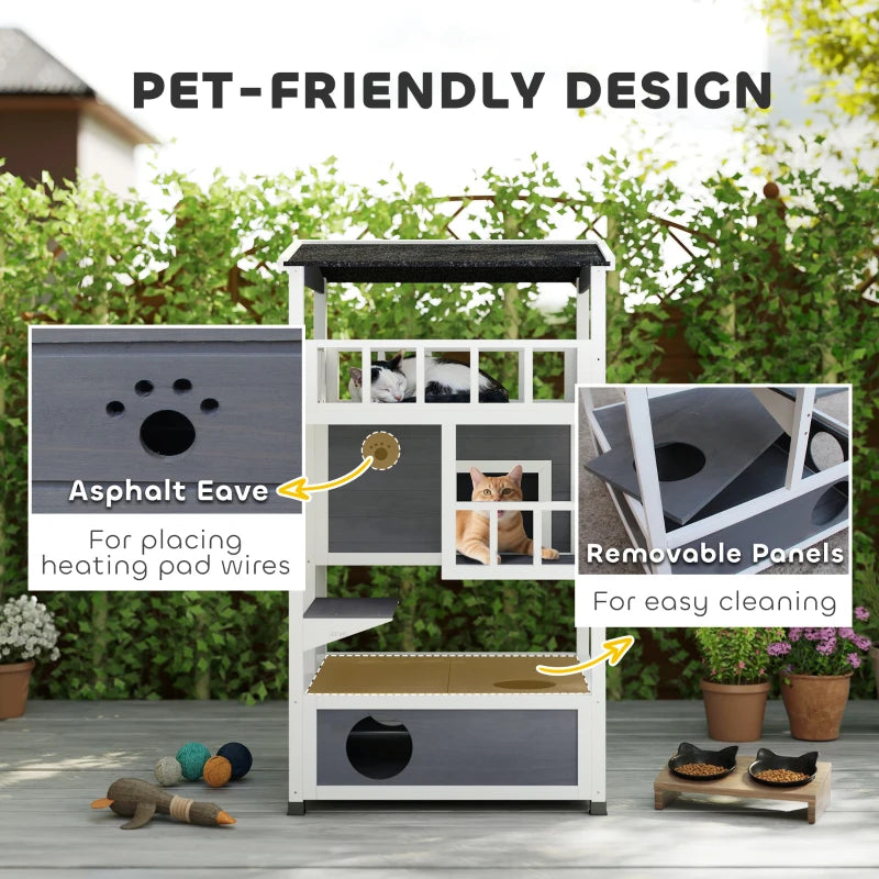 Wooden 3-Tier Outdoor Cat House with Tilted Roof, Terrace, Jump Step, Waterproof Grey Shelter for Cats