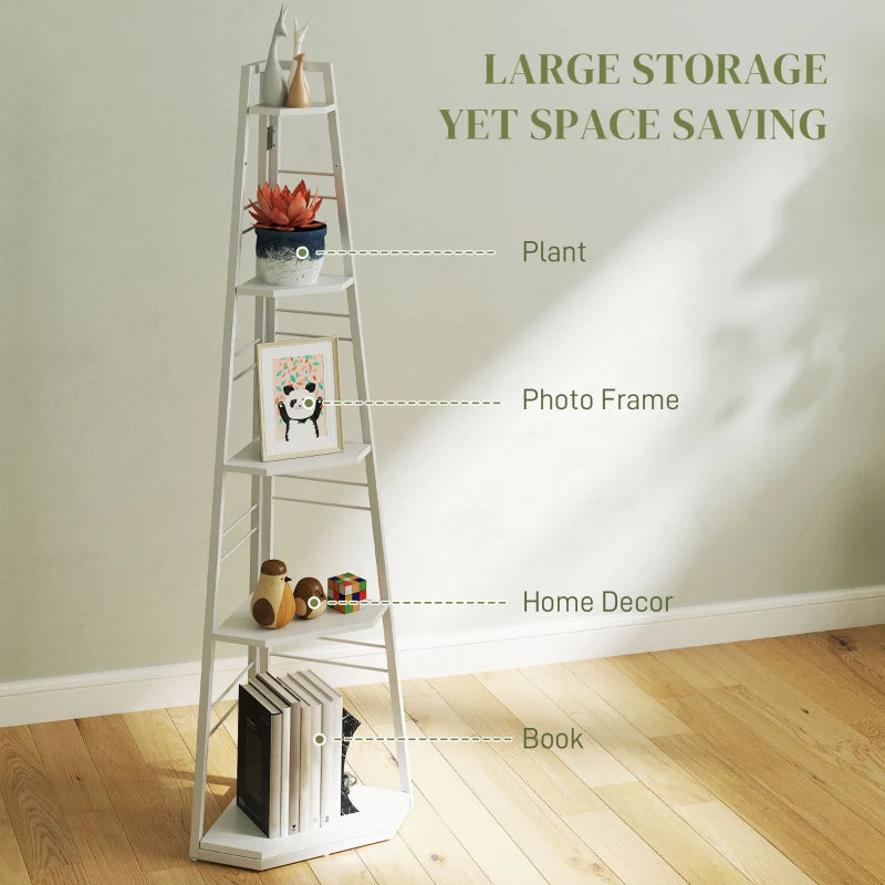 Stylish Five-Tier Corner Shelf in White - Space-Saving Storage Solution for Home Decor and Organization