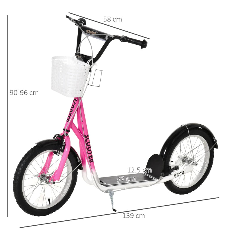 Kids Kick Stunt Scooter with Adjustable Handlebar, Dual Brakes, Basket & Cupholder, 16" Inflatable Wheels, Pink for Ages 5-12