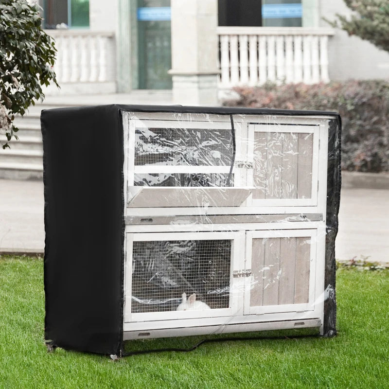White Wooden Pet Hutch - Two-Tier Cage with Rain Cover & Wheels for Easy Mobility - Perfect for Rabbits & Small Pets