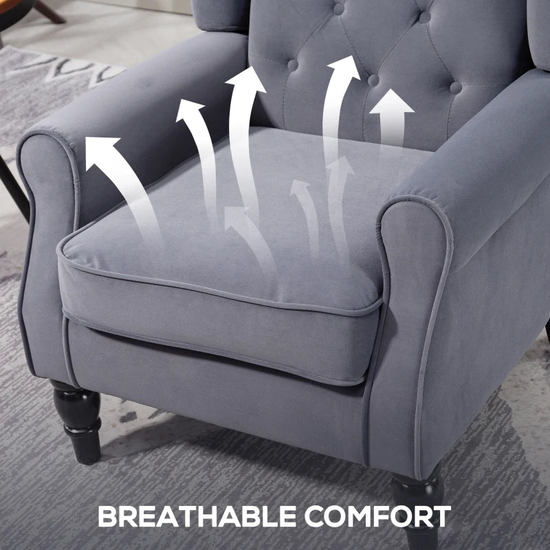 Retro Upholstered Wingback Accent Chair with Button Tufting for Living Room and Bedroom in Charcoal Grey