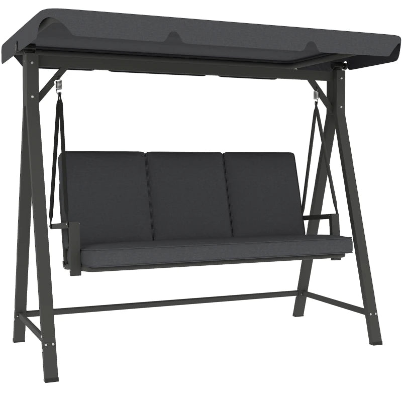 Dark Grey Three-Seater Garden Swing Bench with Adjustable Canopy for Outdoor Relaxation