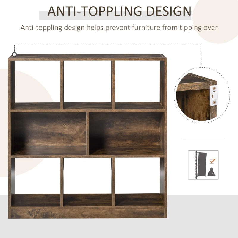 Rustic Brown 3-Tier Bookcase - Stylish Storage Shelf Unit with Open Compartments for Living Room, Bedroom, Office, 97.5 x 30 x 100 cm