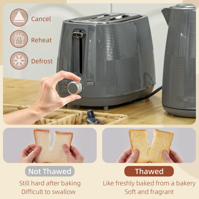 Premium Grey Kettle & Toaster Set - 1.7L Fast Boil Kettle 3000W & 2 Slice Toaster with 7 Browning Levels
