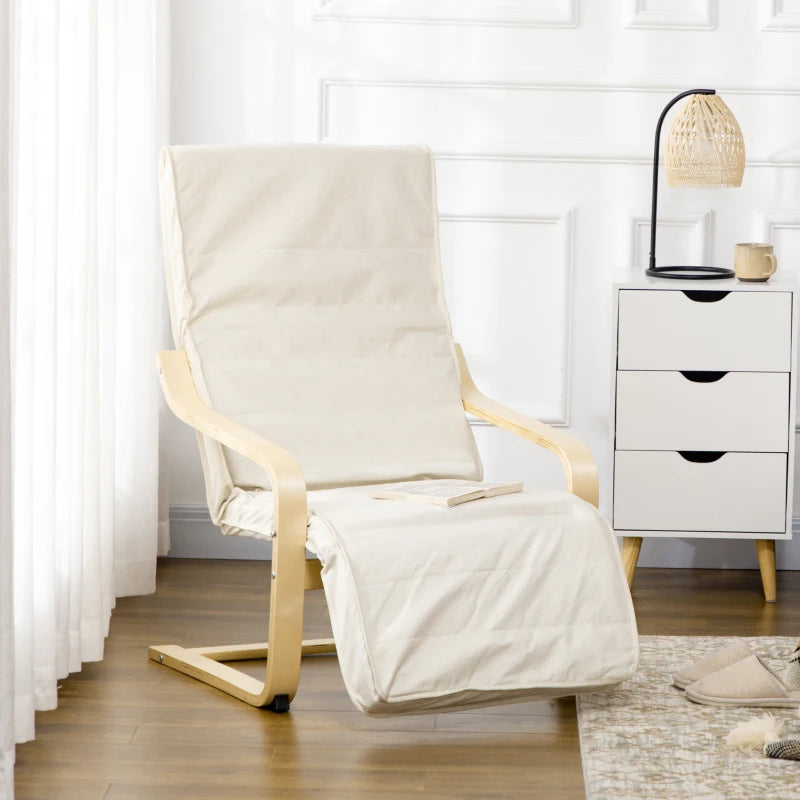 Cream White Wooden Reclining Lounge Chair with Adjustable Footrest and Removable Cushion for Deck Relaxation