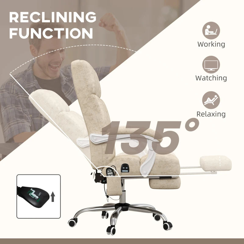 Vinsetto Ergonomic Massage Office Chair with Heat, Reclining Back, Footrest & Padded Seat - Beige Home Office Comfort