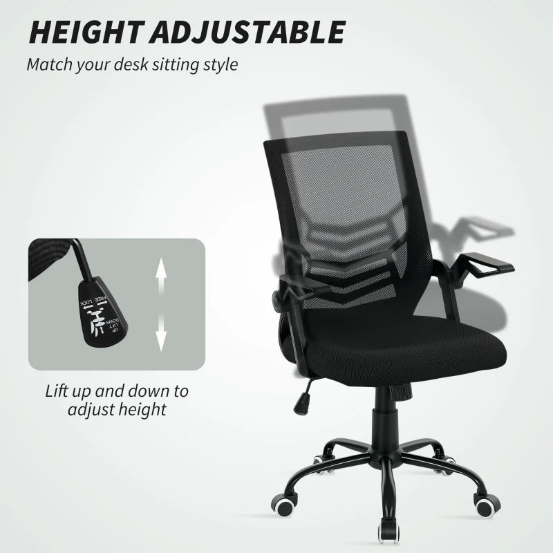 Vinsetto Ergonomic Mesh Office Chair with Flip-up Armrests, Lumbar Support & Swivel Wheels - Black Computer Desk Chair