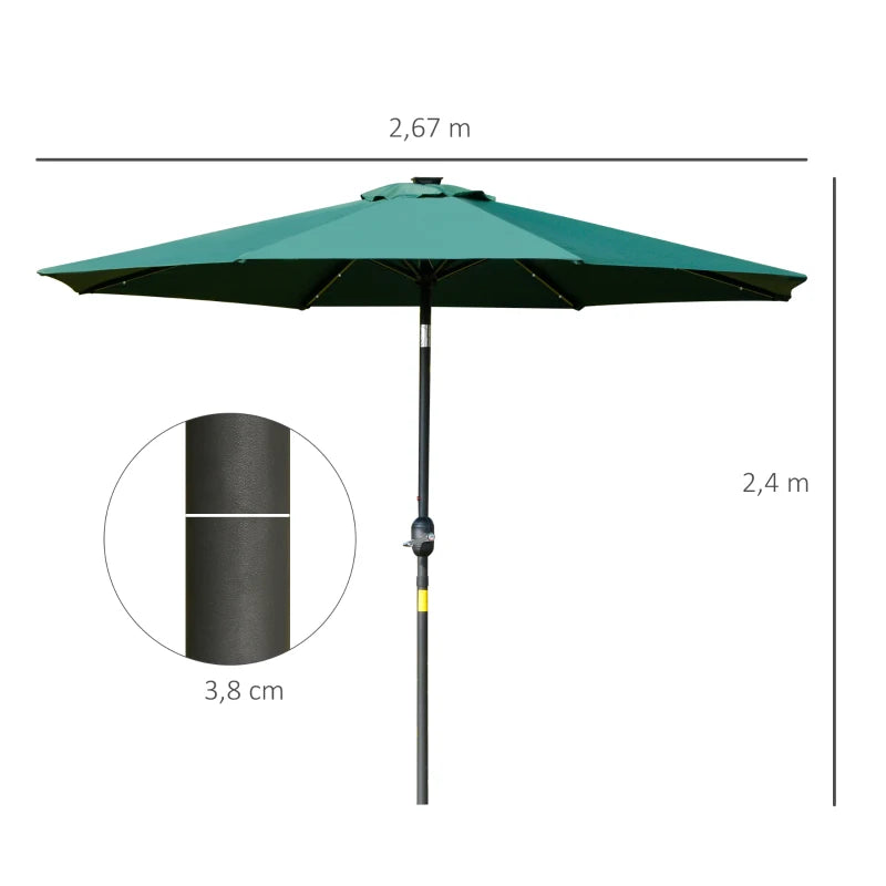 Green 2.7m Patio Garden Umbrella with Tilt Crank and LED Lights