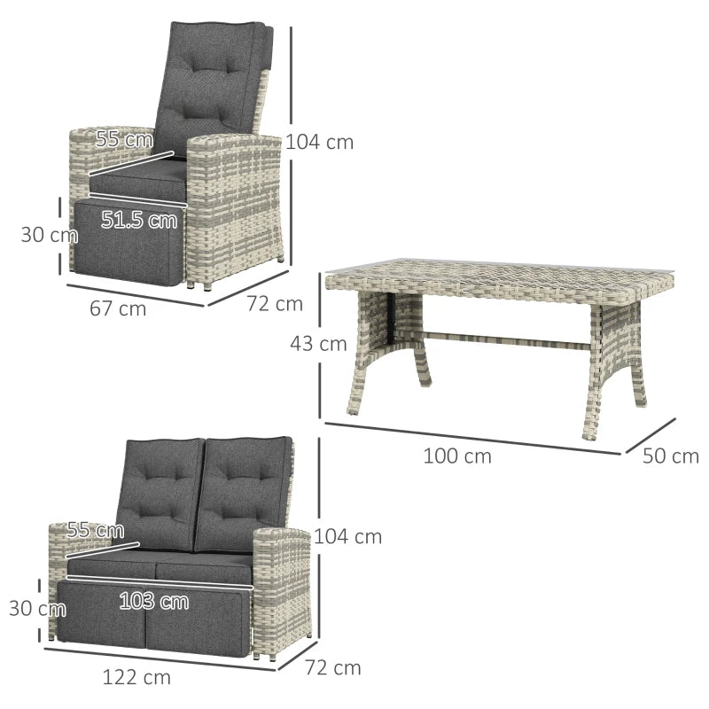 4-Piece Light Grey Rattan Outdoor Sofa Set with Glass Top Table