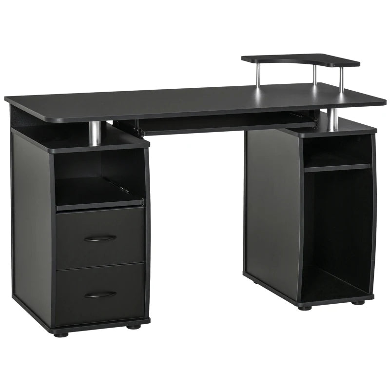 Modern Black Computer Desk with Keyboard Tray, CPU Shelf, Drawers & Sliding Scanner Shelf - Ideal Office Workstation