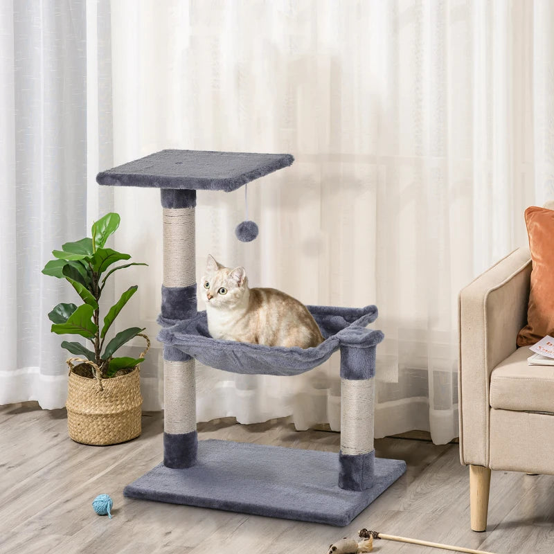 Deluxe Cat Scratch Post with Bed & Hammock - Indoor Cat Tree with Sisal Scratching Posts - Grey Kitty Activity Centre