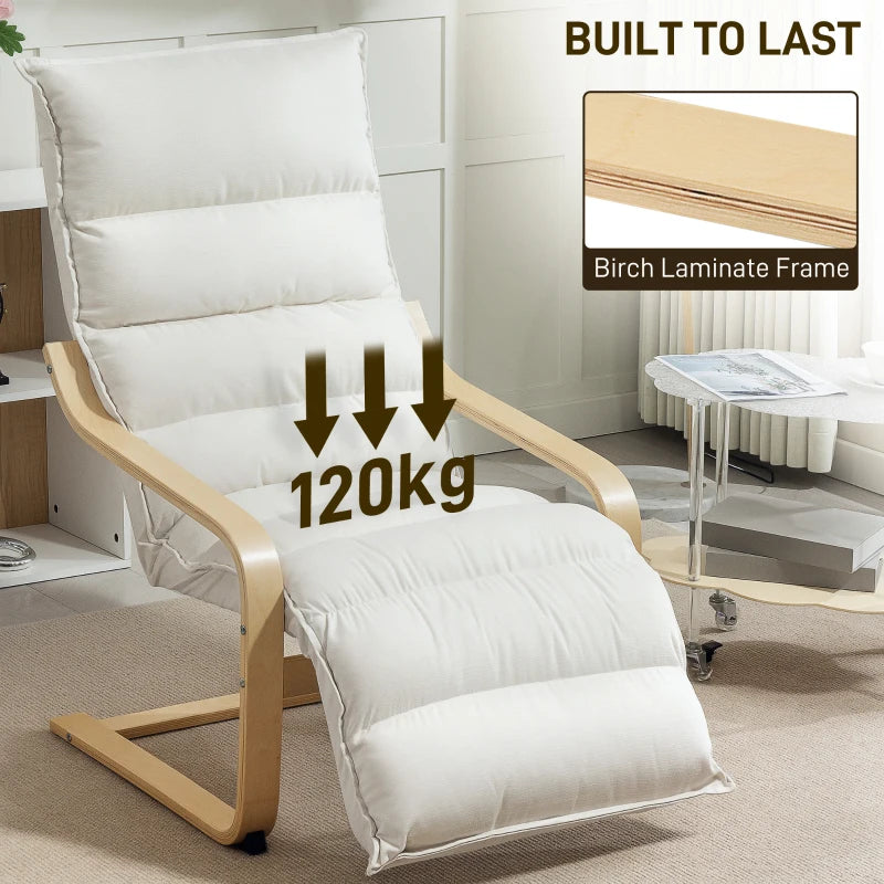 Curved Wooden Accent Chair with Adjustable Footrest - Stylish Cream White Design for Living Room & Home Decor