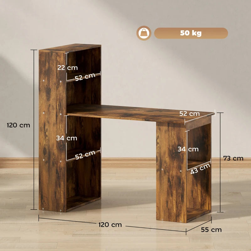 120cm Rustic Brown Wooden Computer Desk with 6-Tier Bookshelves - Home Office Laptop Table & Writing Workstation