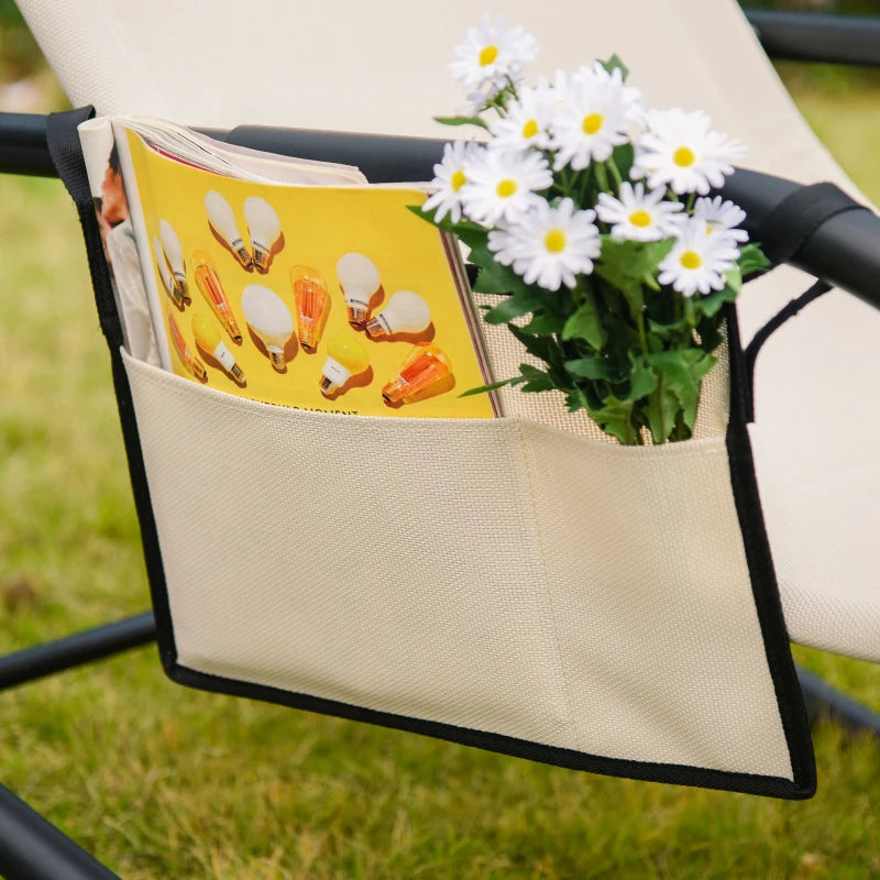 Outdoor Rocking Chair with Mesh Fabric, Headrest, Armrest, Storage Bag - Cream White