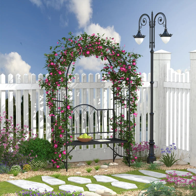 Black Metal Garden Arch Bench with Rose Trellis - Outdoor 2-Seater Arbour Pergola