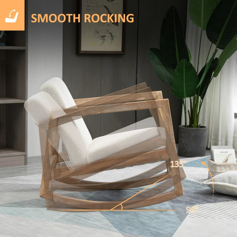 Upholstered Rocking Chair with Cushion and Wooden Base for Living Room and Bedroom in Cream White