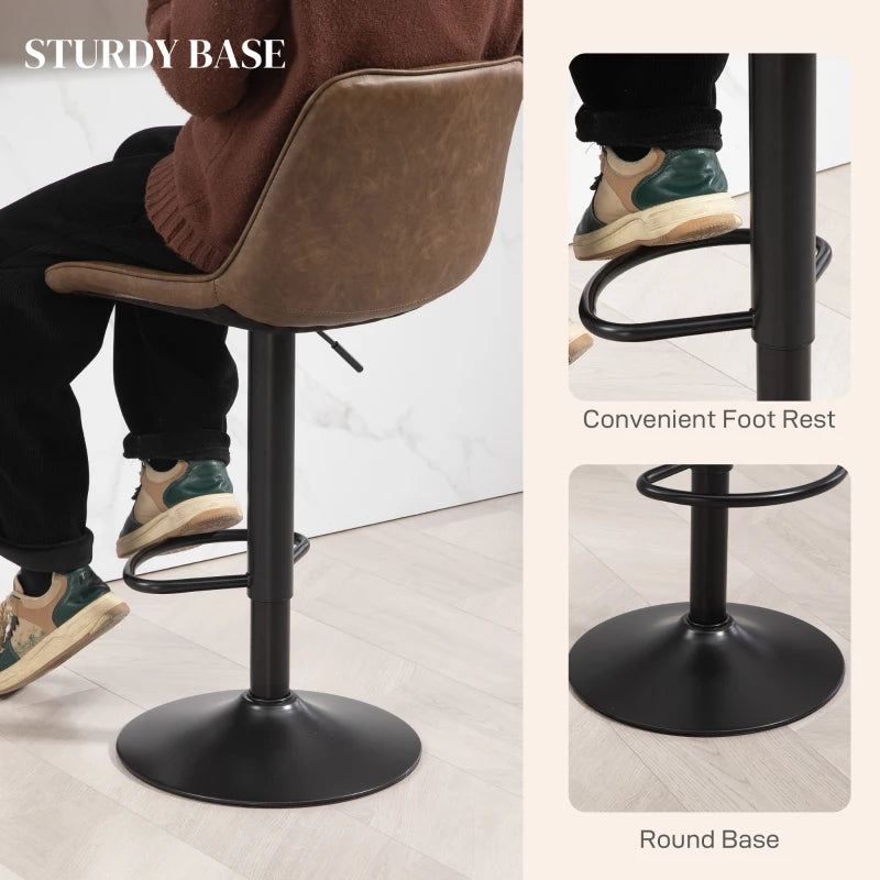 Retro Adjustable Bar Stools Set of 2 - Swivel PU Leather Kitchen Chairs with Back, Footrest & Steel Base - Brown