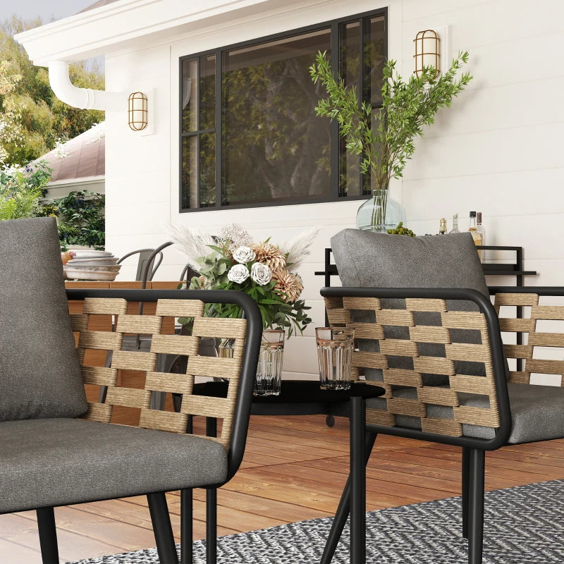 3 Piece Rattan Bistro Set with Cushions and Glass Top Table for Outdoor Patio