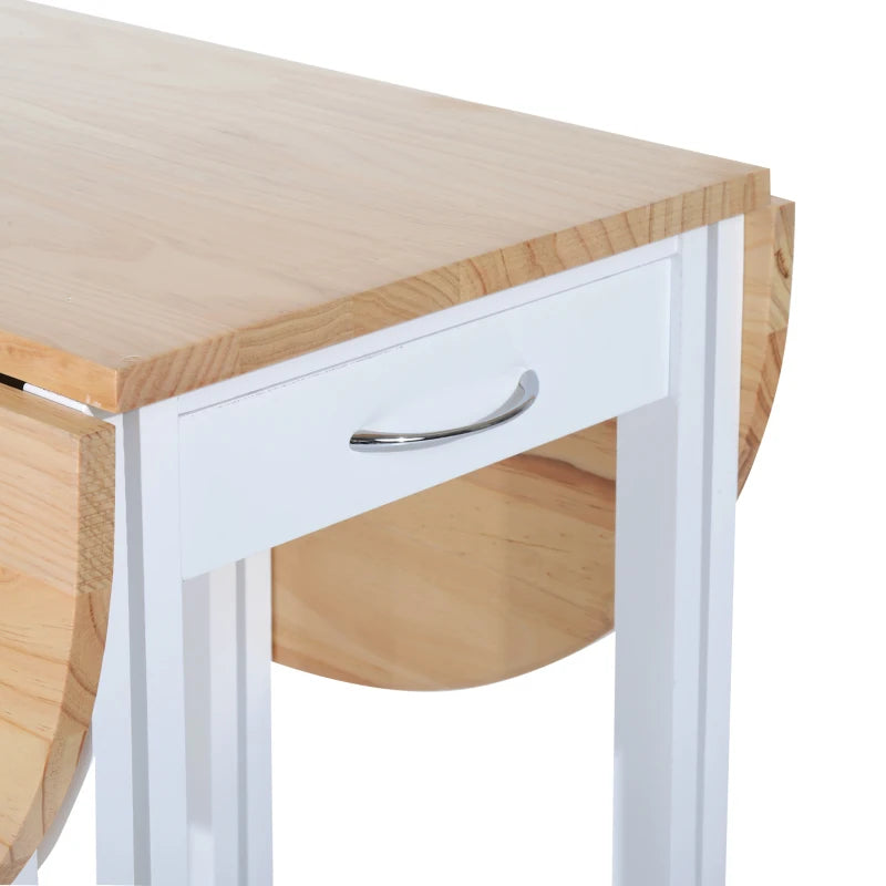 3 Piece Mobile Foldable Dining Room Set with Storage Shelf and Drawers for Home Kitchen Pub White