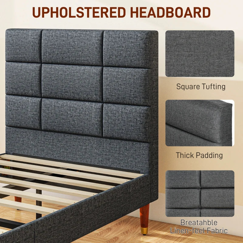 Stylish Grey Upholstered Single Bed Frame with Slats 161x208x121cm for Modern Bedrooms