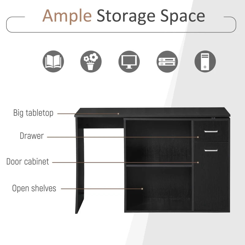 L-Shaped Corner Computer Desk with Storage Shelf & Drawer - Adjustable Black Wood Grain Workstation for Home Office